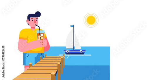 Man Enjoying Iced Drink Observing a Sailboat at the Summer Seaside Sunset Glow