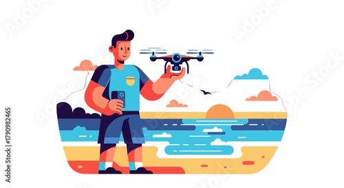 Man Enjoying Drone Flight Over Beach at a Sunset as a Creative Illustrations