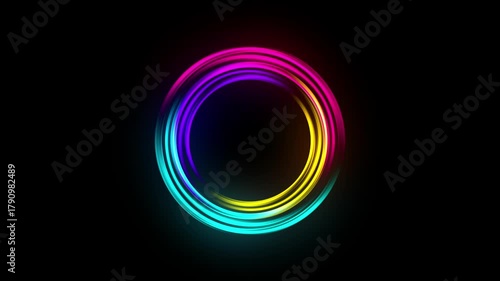 Bright futuristic neon circle spinning and rotating on black. Abstract energy motion, ring light in space. Science, future technology, and virtual reality. Sci-fi and tech visuals. 4k loop