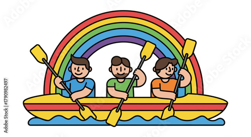 Kayak Crew Enjoying The Rainbow, Representing Friendship, Joy, and Summer Adventures