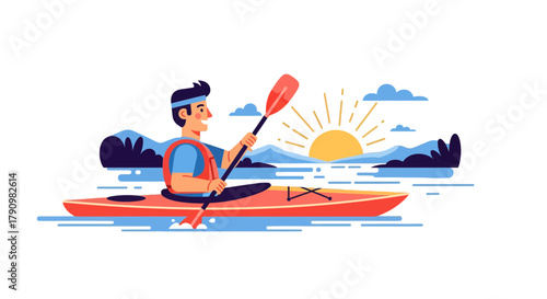 Kayaker Paddling on a Tranquil Lake at Sunrise Illustration with Flat Design Elements