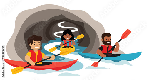 Kayakers Adventuring Through River Cave, Colorful Illustration Of Outdoor Recreation