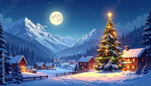 Snowy village scene with bright moonlight, Christmas tree and cozy lit cabins in winter with snow-capped mountain backdrop