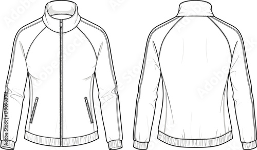 Women's track jacket fashion sketch, raglan sleeve zip-up design, technical flat illustration, garment construction, sewing template, apparel drawing