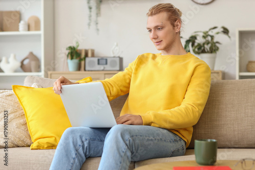 Young man in yellow sweatshirt using laptop on sofa, remote work and online l...