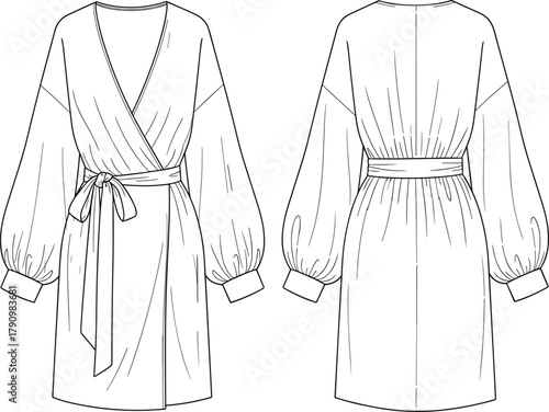 Photos Women's wrap dress technical sketch, bishop sleeve mini design, fashion flat dra