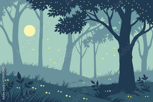 Night forest scene — glowing fireflies, dark blue trees, moonlight haze, mystical vector landscape banner.