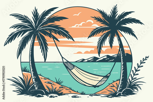 Tropical island beach banner — hammock, palm leaves frame, turquoise water, sunset gradient, vector illustration.