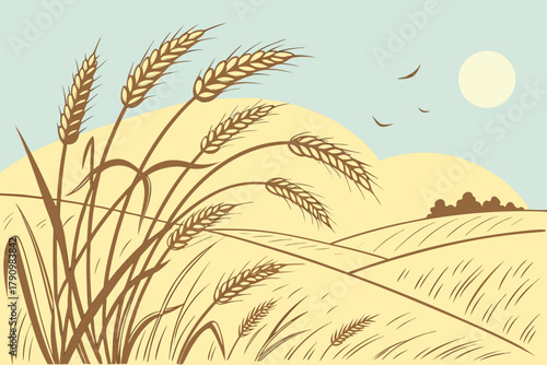 Golden wheat field under blue sky — sunlight glow, gentle wind, clean minimal vector art, panoramic banner.