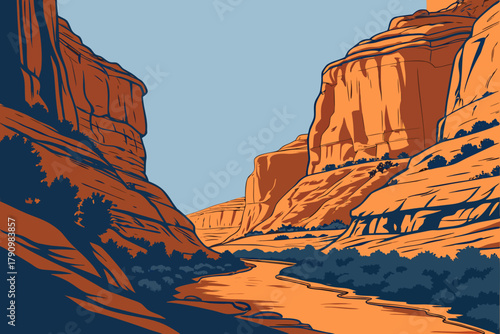 Desert canyon banner — orange cliffs, layered rocks, deep shadows, clear blue sky, minimalist vector design.