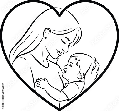 Heartwarming illustration of a mother tenderly holding her baby within a heart outline
