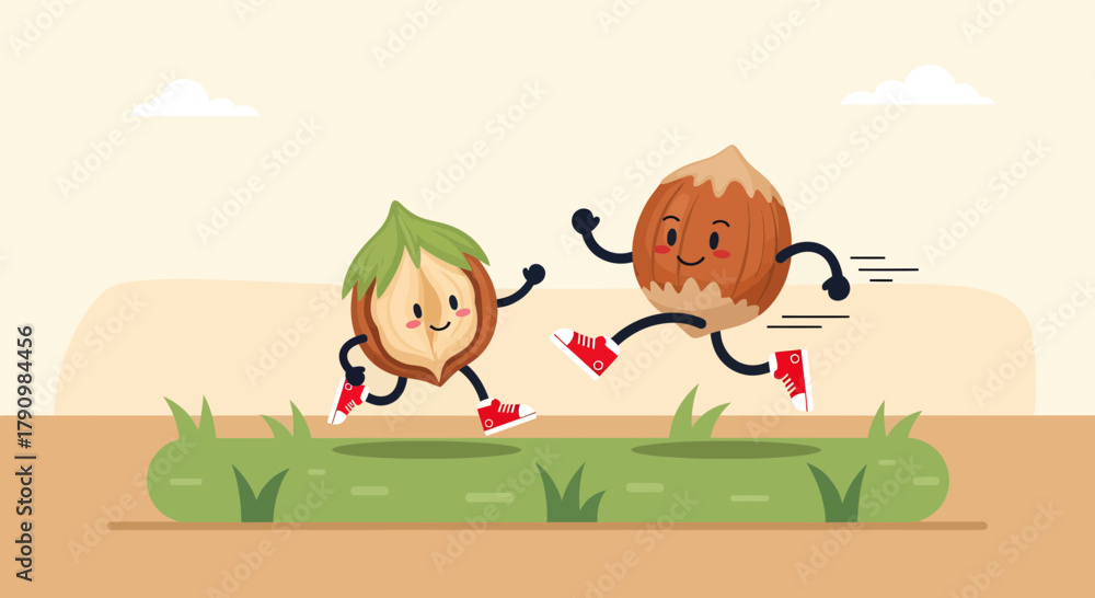 Fototapeta premium Joyful Running Hazelnuts: An Energetic And Delightful Cartoon Illustration