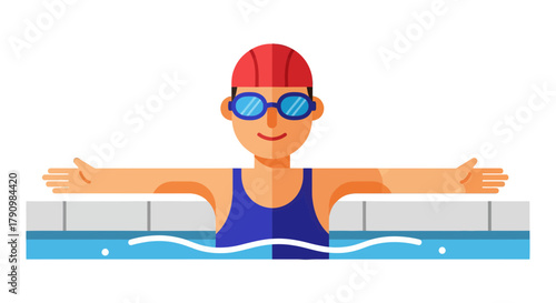 Joyful Swimmer in Pool Opening Arms Ready to Swim Healthy Lifestyle Illustration