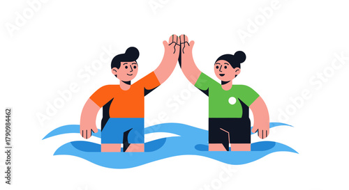 Joyful Swimmers Celebrating Success in Water with A High-Five Gesture
