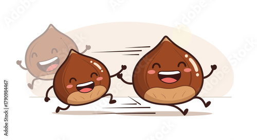 Joyful Running Chestnuts Cartoon Illustration, Happy Animated Nuts And Friendly Characters