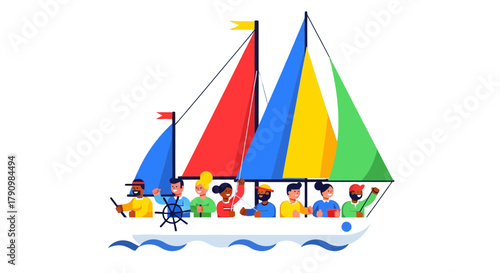 Joyful Sailing Voyage Illustrates Diverse People Embarking on a Colorful Water Journey