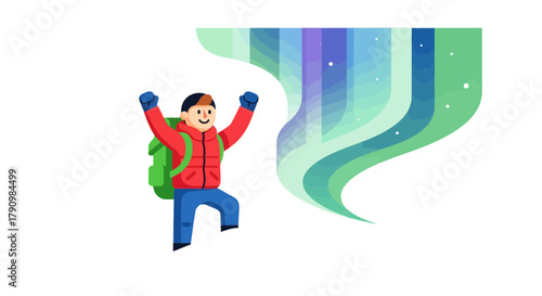Joyful Traveler Witnessing the Stunning Aurora Borealis Under A Serene Sky
