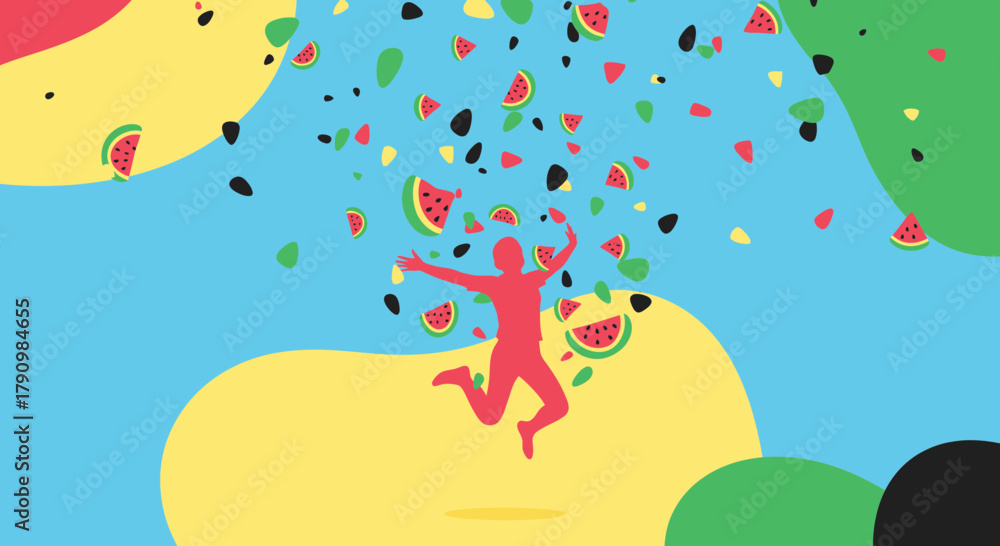 Naklejka premium Joyful Silhouette Celebrates Summer Fun Under a Shower of Watermelon Slices
