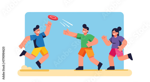 Joyful Trio Engaged in Frisbee Recreation on a Sunny Afternoon, Playing Together