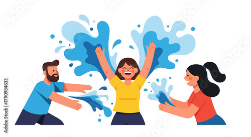 Joyful Trio Engaged in Lively Water Play Amidst Energetic Splashing on Black Backdrop