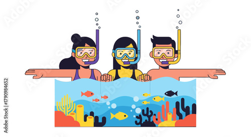 Joyful Snorkelers Discover Underwater Wonders in a Vivid and Delightful Illustration