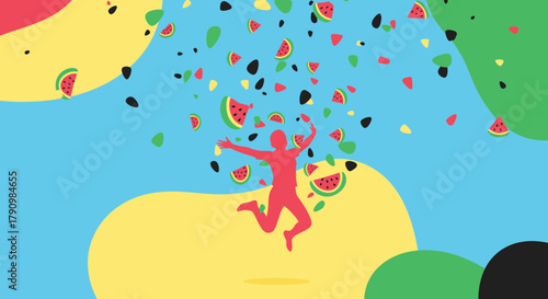Joyful Silhouette Celebrates Summer Fun Under a Shower of Watermelon Slices