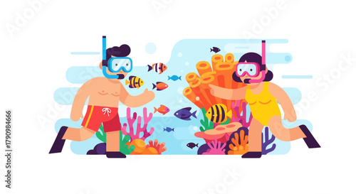 Joyful Snorkelers Discovering Colorful Underwater Coral Reef Ecosystems