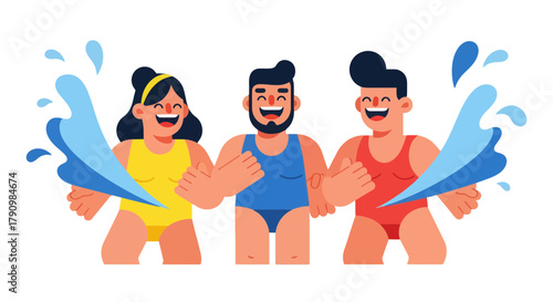 Joyful Trio Playing With Water Element Vector Illustration on Black Background