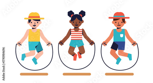 Joyful Trio of Children Jumping Rope, Colorful Illustrations on Black Background