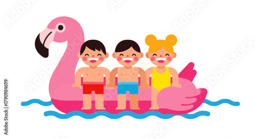 Joyful Trio Rafting On A Flamingo Floatation Device During Summer Holiday