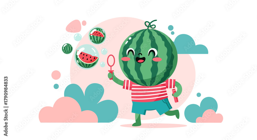 Fototapeta premium Joyful Watermelon Character Playing With Bubbles Against a Pastel-Colored Backdrop Illustration