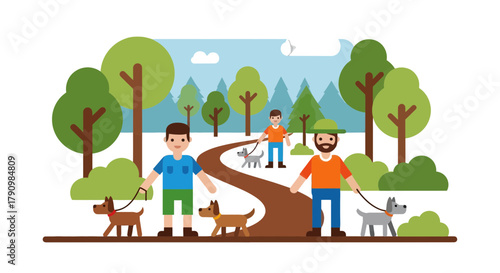 Joyful Stroll: Friends and Their Canine Companions Enjoying Nature's Embrace Together