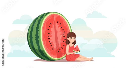 Joyful Summer Afternoon With Woman and Watermelon Slice in Colorful Illustration