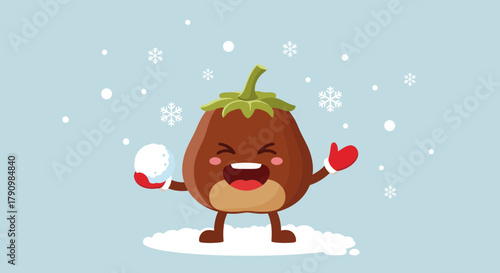 Joyful Winter Nut Character Playing With Snowballs Amidst Falling Snowflakes