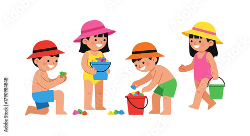 Joyful Summer Day: Children Playing And Collecting Treasures At The Beach