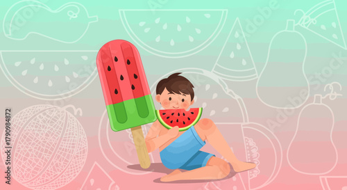 Joyful Summer Day Featuring A Boy Enjoying Watermelon Ice Cream And Fresh Fruit