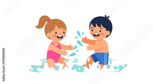 Joyful Summer Fun: Animated Children Splashing Water and Playing Together