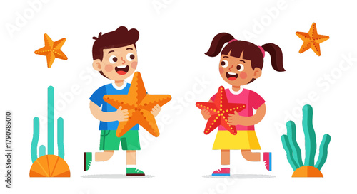 Joyful Youngsters Holding Starfish: A Bright and Playful Underwater Adventure Display