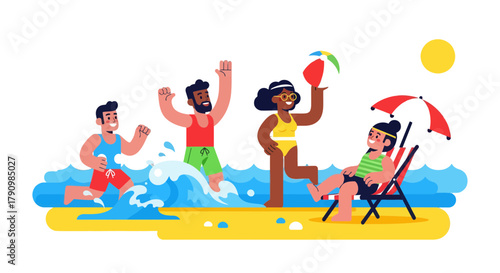 Joyful Summer Moments: Friends Frolicking on the Sandy Beach with the Sunshine