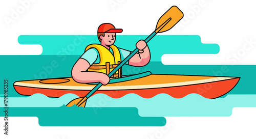 Kayak Adventure Cartoon Illustration: Coastal Watersports Pursuit for Recreational Activities