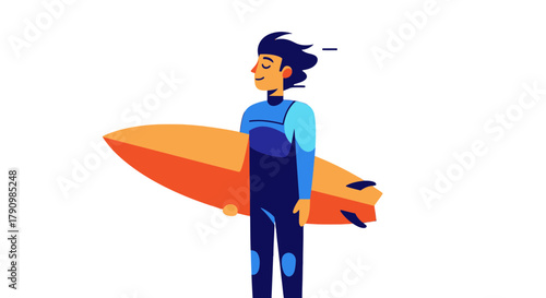 Joyful Surfer Smiling While Holding A Surfboard Against A Black Backdrop Illustration