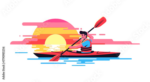 Kayak Adventure at Sunset: A Vivid Illustration of Paddling Fun and Serene Waterscapes