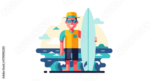 Joyful Surfer Standing Proud With His Surfboard On The Seaside By The Waves