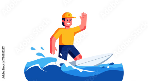 Joyful Surfer Waving While Riding A Wave On A Surfboard Over Black Background