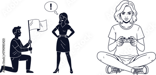 Man Surrenders Flag While Woman Looks On and Girl Plays Video Game silhouette kneeling