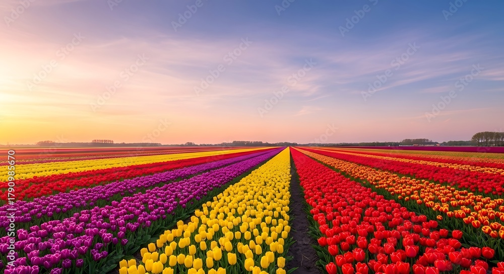 Naklejka premium Vast Tulip Field at Sunrise.
