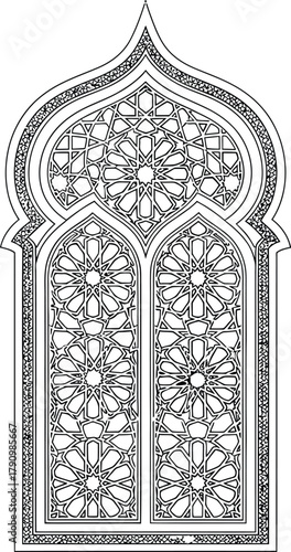 Intricate islamic geometric window design with arch and lattice work