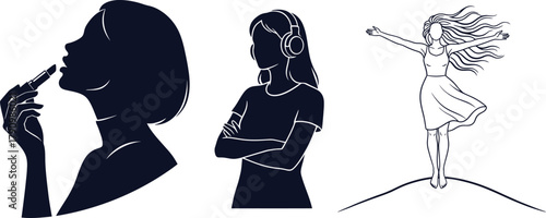 Silhouette of women applying makeup, listening to music, and enjoying freedom on white background Keywords: woman, silhouette