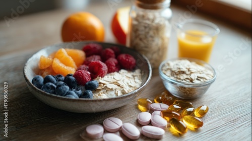 Vitamins Next to Healthy Breakfast with Fruit and Oatmeal Bowl – Wellness Lifestyle Concept