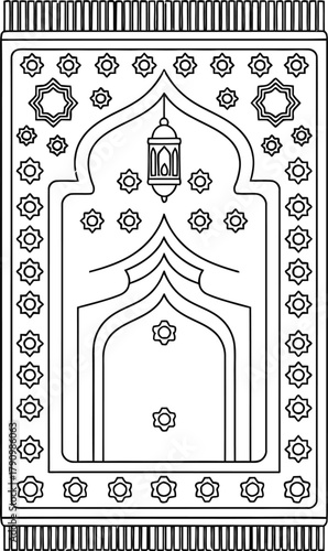 Intricate islamic prayer rug design with archways and decorative motifs